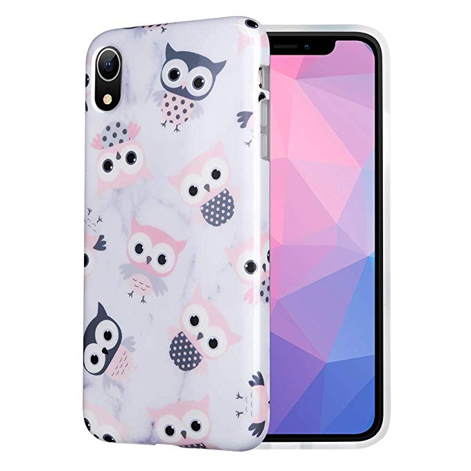 Caka Marble Case Compatible for iPhone XR, Owl Pattern Slim Anti-Scratch Shock-Proof Luxury Fashion Silicone Soft Rubber TPU Protective Case for iPhone XR (6.1'') - (Owl)