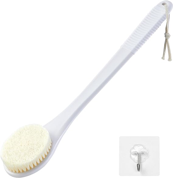 Back Scrubber for Shower, Shower Body Brush for Cleaning with Long Handle for Showering, 17 Inch Back Washer Exfoliator for Shower Men Women with Non-Slip Handle, Adhesive Hook (White)
