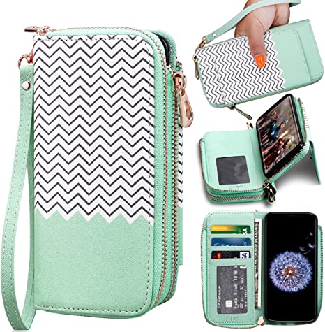 ELV Wallet Case for Samsung Galaxy S9 [PU Leather] Detachable 2in1 Folio Purse for Samsung S9 Credit Card Flip Case Protective with Card Slots, Stand and Magnetic Closure (Mint Zigzag)