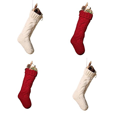 Unique Burgundy and Ivory White Knit Christmas Stockings 14" pack of 4