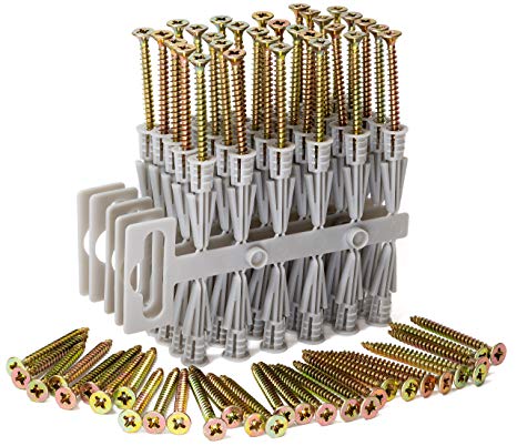 NCaan 120pcs Plasterboard Wall Plugs & Zinc Plated Countersunk Screws—Expanding Barrel—Anti Rotate Ribs—Barbed Jaws—Superior Tight Grip—Strong Hold—Raw Plasterboard Fixings (120 Wall Plugs & Screws)