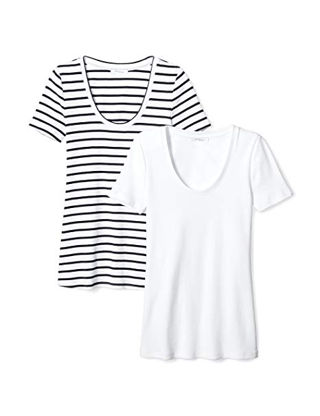 Daily Ritual Women's Midweight 100% Supima Cotton Rib Knit Short-Sleeve Scoop Neck T-Shirt, 2-Pack
