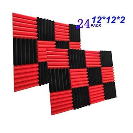 24 Pack Acoustic Foam Panels 2" X 12" X 12" Soundproofing Studio Foam Wedge Tiles Fireproof - Top Quality - Ideal for Home & Studio Sound Insulation (24Pcs, Black&Red)