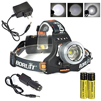 Boruit XML-T6 LED Headlamp 2000Lumens 3Modes Rechargeable, Zoomable for Camping,Hiking,Reading,Bike,Suit Hunting&Fishing Lighting with 218650 Rechargeable Batteries AC Charger Car Charger