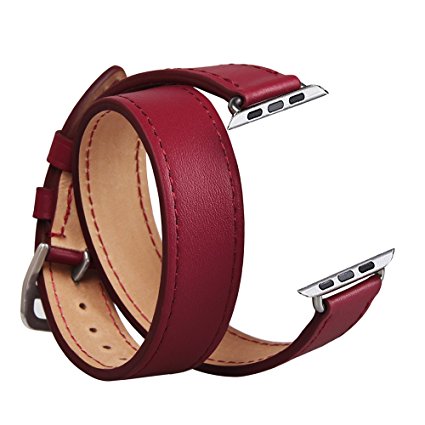 V-Moro Apple Watch Band, 38mm Double Tour Genuine Leather Smart Watch band Replacement With Adapter Metal Clasp for Apple iWatch (Double Tour Maroon 38mm)