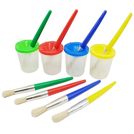 Jatidne 4 Pieces Spill Proof Paint Cups in 4 Colors and 4 Pieces Color-matched Paint Brushes Kit