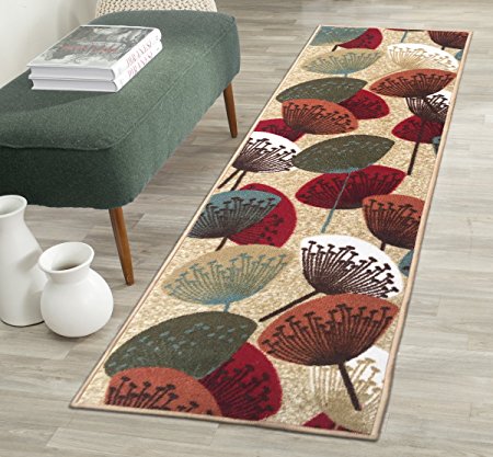 Adgo Collection, Modern Contemporary Rectangular Design Rubber-Backed Non-Slip (Non-Skid) Area Rugs| Thin Low Profile Indoor/Outdoor Floor Rug (20" x 59", Beige Floral)