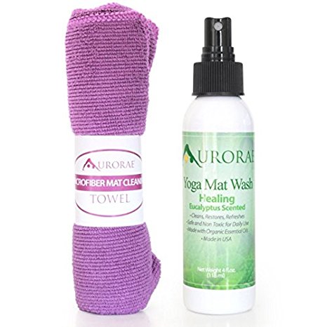 Aurorae Aromatherapy Essential Oil Yoga Mat Wash Cleaner. Free Microfiber Cleaning Towel included with Lavender, Citrus and Eucalyptus Only