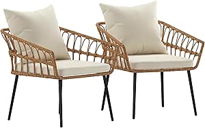 Flash Furniture Evin Set of 2 Boho Indoor/Outdoor Patio Chairs - Natural Finish Faux Rattan Wicker - Cream All-Weather Cushions - Integrated Armrests