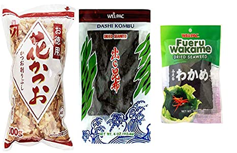 Bonito Flakes, Dashi Kombu & Cut Wakame Dried Seaweed. DIY Miso Soup (3 Item Bundle)Wel-pac Kelp 4.oz| Kaneso Tokuyou Hanakatsuo, katsuobushi,100g| Fueru Wakame 2 oz.|Use to enhance the flavor of soup