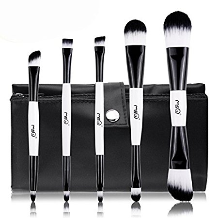 Anleolife 5PCS Makeup Brushes Set Foundation Eyeshadow Essential Brushes Dual Side Travel Kits with Pouch(5pcs balck white 1case)