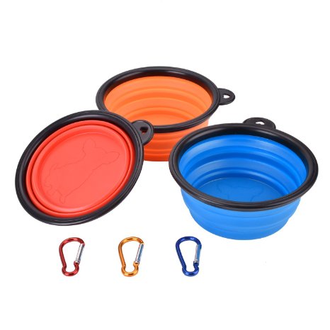 WAOAW *Set of 3* Collapsible Dog Bowl, Food Grade Silicone BPA Free FDA Approved, Foldable Expandable Cup Dish for Pet Cat Food Water Feeding Portable Travel Bowl Free Carabiner (Set of 3)