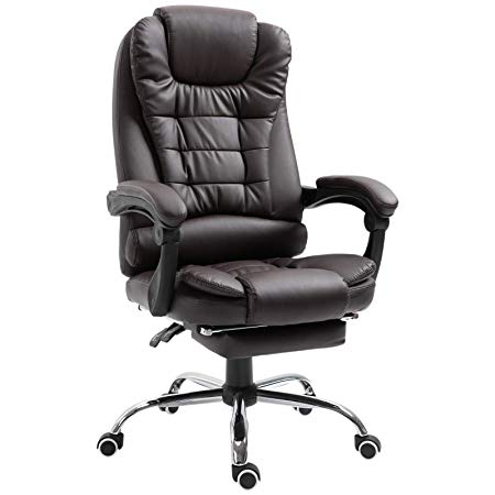 HOMCOM Executive PU Leather High Back Recliner Swivel Office Chair with Retractable Footrest (Brown)