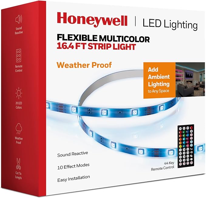 Honeywell 16.4ft Weatherproof 20-Color LED RGB Strip Light for Indoor and Outdoor Use, with Remote Control, Dimmable Lights, 4 Music Sync Modes, 8 Effects Modes