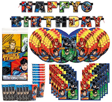 DC Comics Justice League Superheros Birthday Party Supplies Pack Bundle serves 16 ; Plates, Cups, Napkins, Banner, & Table Cover