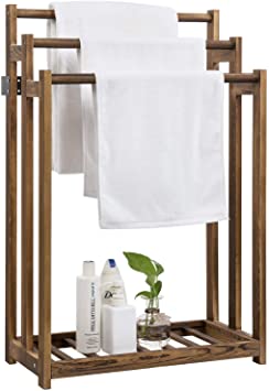 MyGift 3-Bar Rustic Dark Brown Wood Freestanding Bathroom Towel Drying Rack Holder with Bottom Storage Shelf