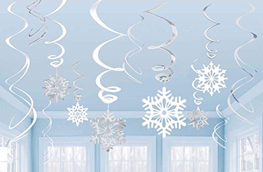Snowflakes Silver & White Ceiling Swirls Dangling Christmas Decorations (Pack of 12 Swirls)