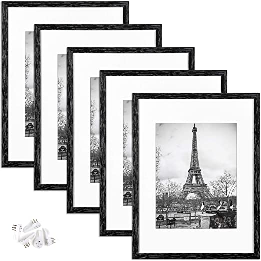 upsimples 12x16 Picture Frame Set of 5,Display Pictures 8.5x11 with Mat or 12x16 Without Mat,Wall Gallery Photo Frames,Distressed Black