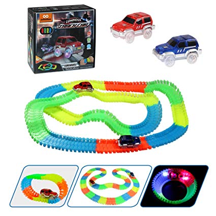 infinitoo 220 Pcs Neon Parts Magic Glow Tracks Racer Set | 2 Light-up Race Flexible Cars with 3 LED Lights|Bendable Magic Glow Tracks in the Dark Racetrack for Kids Toddlers