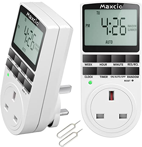 Timer Plug Socket, Maxcio Digital Programmable Plug Timer Socket, Electrical Anti-Theft Random Light Timer Switch with 10 ON/Off Programs - 13A/2900W (2 Pack)