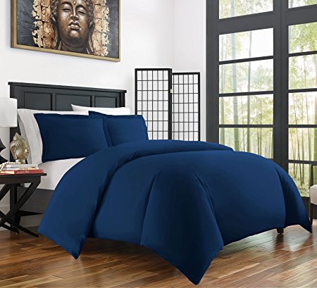 Zen Home Luxury Duvet Cover Set - 1500 Series Brushed Microfiber w/ Bamboo Blend Treatment Duvet Cover Set - Eco-friendly, Hypoallergenic and Wrinkle Resistant - 3-Piece - Full/Queen - Navy Blue