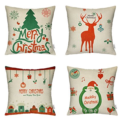 4 Packs Merry Christmas Square Pillowcases - 18 X 18 Inch Decorative Throw Pillow Cover, 1x Christmas Tree   1x Reindeer   1x Happy House   1x Santa Claus by Hippih