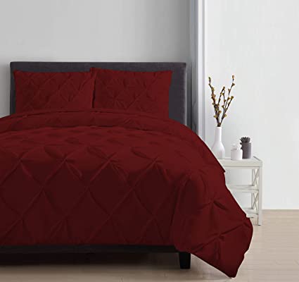 Pinch Pleated Duvet Cover Set 3 Piece 100% Egyptian Cotton 800 Thread Count Box Pintuck with Zipper Closure & Corner Ties Duvet Cover, King/California King (94" x 104") Burgundy Solid