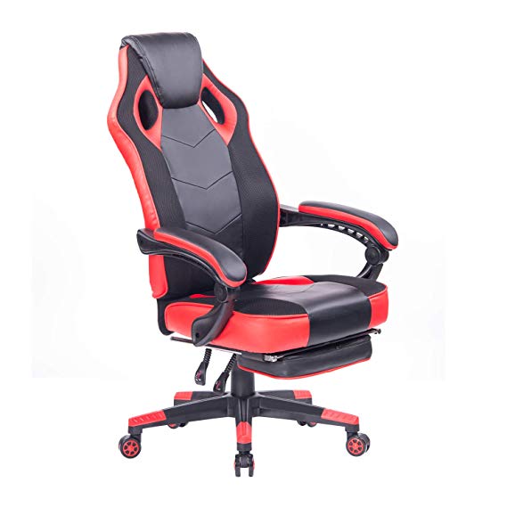 HEALGEN Gaming Chair with Footrest Racing Computer PC Chair Ergonomic High Back Swivel Executive Office Chair Mesh Leather Reclining Desk Chair Red