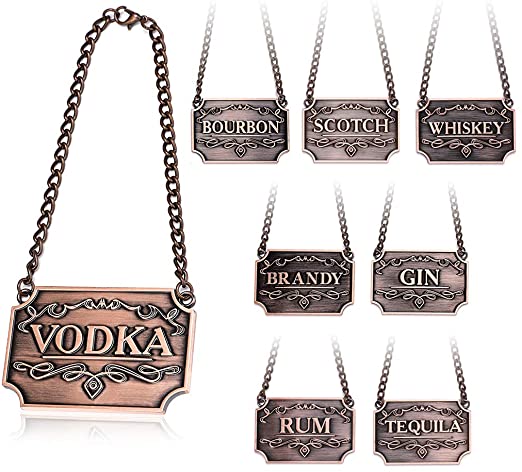 Hipiwe Liquor Decanter Tags for Bottles or Decanters, Set of 8 Deluxe Metal Wine Bottle Decanter Label With Adjustable Chain - Whiskey, Bourbon, Scotch, Gin, Rum, Vodka, Tequila and Brandy