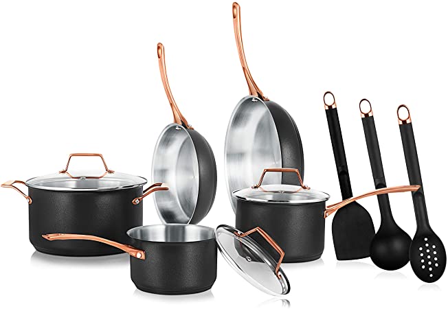 NutriChef 11 Pcs. Stylish Kitchen Set w/Modern Cookware Design Non-Stick Kitchenware Pots & Pans, Small & Medium Skillet Fry Pans w/Golden Handles, NCONYX