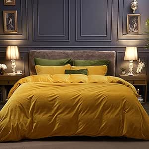 PHF Super Soft Velvet Duvet Cover Queen Size, 3pcs Luxurious Breathable Velour Fluffy Comforter Cover with 8 Ties, Cozy Flannel Duvet Cover with Pillow Shams, Zipper Closure, 90"x90", Gold