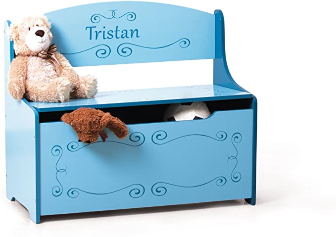 Personalized Kids Toy Box We Will Customize With Your Child's Name. Inscribed Toys Storage & Bench Seat For Kids Bedroom or Playroom (Blue)