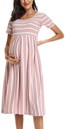 BBHoping Women’s Casual Striped Maternity Dress Short&3/4 Sleeve Knee Length Pregnancy Clothes for Baby Shower