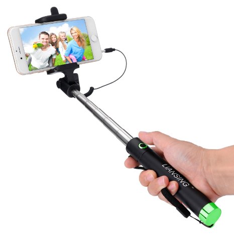 Selfie Stick LIANSING Wired Portable Foldable Self-portrait Monopod battery free with Remote Shutter Green