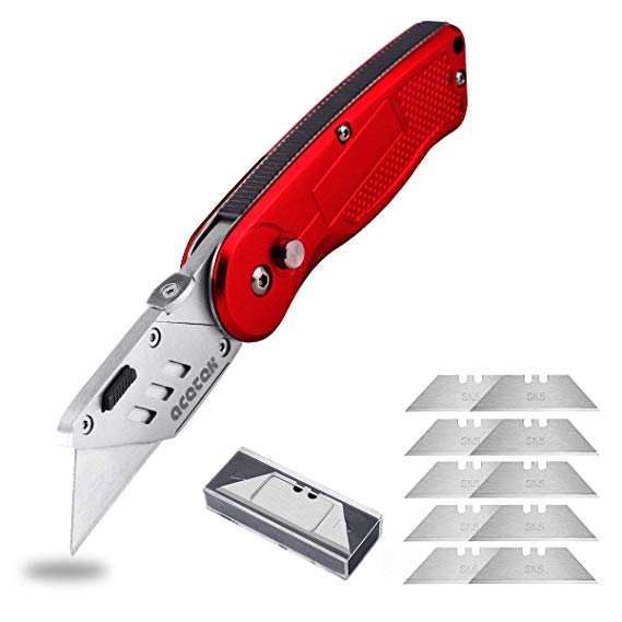 Utility Knives with 10 Blades, Acetek Box Cutter Portable Folding Outdoor Knife, Safety Quick Change Blade Retractable and Lock-Back Design, with Belt Clip 10pcs Stainless Steel Blades
