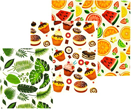 Beeswax Wrapping Paper for Food, 3 Pack Eco-Friendly Wax Storage Wrappers and Bowl Cover, Fruit, Bread and Plant Theme