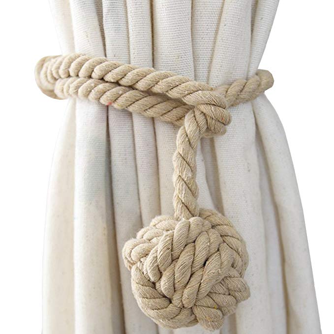 Shinywear 2 Pieces Retro Handmade Curtain Ropes Holdbacks Rural Knot Ball Cotton Cord Drapery Tiebacks Tie Band (Beige linen)