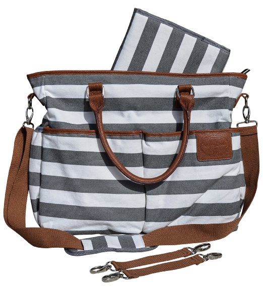 Diaper Bag for Stylish Moms (Multiple Color Options), Grey/White, Premium Cotton Canvas Tote Bag, 13 pockets Including Insulated Bottle Holders, by MommyDaddy&Me