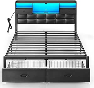 Rolanstar Bed Frame Full Size with Drawers and Charging Station, Upholstered Platform Bed with Storage Headboard and LED Light, Heavy Duty Metal Frame Support, No Box Spring Needed, Noise Free, Black