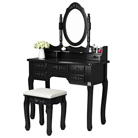 Tribesigns Wood Makeup Vanity Table Set with Mirror & Stool Bedroom Dressing Table, Black