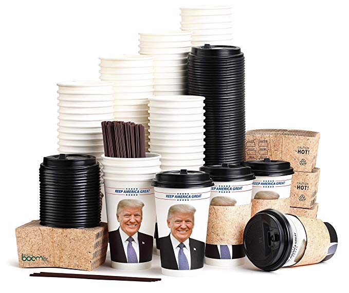 Trump 2020 Coffee Cups - 16 Ounce, Set Of 100, Sleeves, Black Lids & Stirrer Straws, Travel To Go Coffee Cups - Disposable Coffee Cups, Paper Coffee Cups - Like Starbucks, coffee cup, By Stone boomer