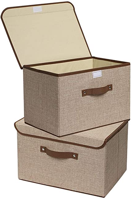 UUJOLY Storage Bins, Foldable Storage Box Cube with Lids and Handles Fabric Storage Basket Bin Organizer Collapsible Drawers Containers for Nursery, Closet, Bedroom, Home (Khaki-2pcs)