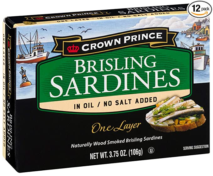 Crown Prince One Layer Brisling Sardines in Oil, No Salt Added, 3.75-Ounce Cans (Pack of 12)