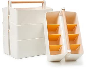 EZOWare Set of 4 Plastic Stackable Caddy Tote Set, Large Storage Organizer Bins w/Removable Compartment Divider & Handle for Makeup, Bathroom, Office, School, Crafts, Nursery - White and Orange