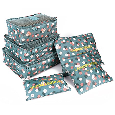 HOMPO 6pcs Nylon Travel Cosmetics Packing Organisers Bags Set Packing Cube Bag in Bag Storage Luggage set Blue Flower