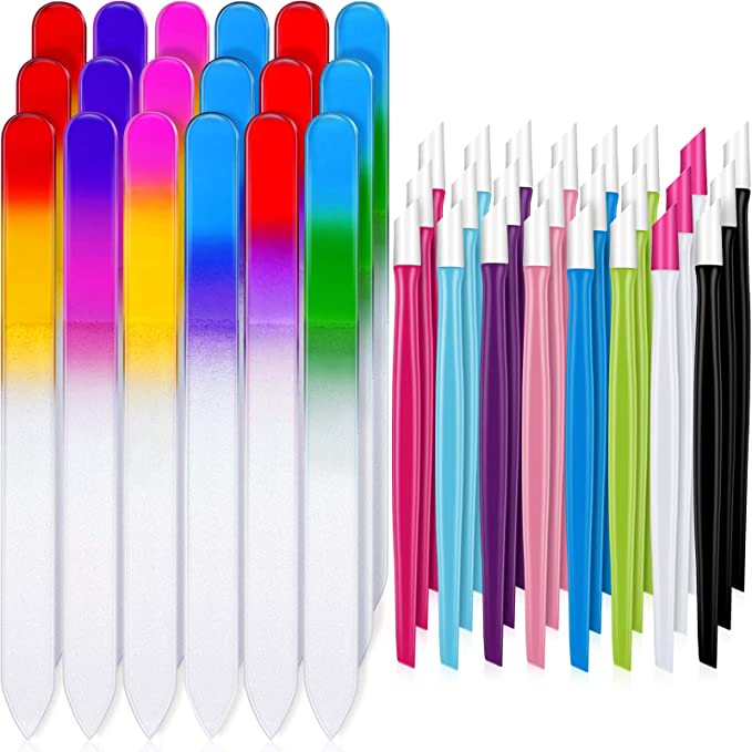 42 Pieces Glass Crystal Nail Files and Plastic Cuticle Pusher Rubber Handle Fingernail File Manicure Tools, Gradient Rainbow Color Buffer Manicure Tool Set for Natural Nail