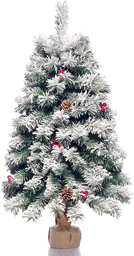 Topro 35inch Artificial Christmas Tree,Xmas Pine Tree Decorated,120 Branch White Snow Tips,7 Real Pine Cones, 10 Red Berries and Christmas Snow Tree,Flocked Snow Trees for Christmas Decorated