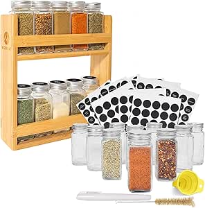 Morvat Spice Rack   10 Glass 4oz Jars with Lids, Labels & Funnel, Kitchen Cabinet Organizer, Seasoning Holder Set, Kitchen Pantry & Cabinet, Fully Assembled, Counter or Wall Mount Option   Hardware