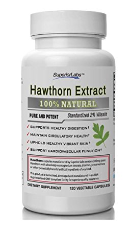 #1 Quality Hawthorn Extract by Superior Labs - Non Synthetic! 300mg, 120 Vegetable Caps - Made In USA, 100% Money Back Guarantee