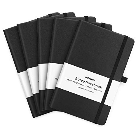 5 Pack Classic Ruled Notebook Journal, HardCover, Premium Thick Paper, Pen Holder, Fine Inner Pocket for Home Office Work Business Class Students Journaling Writing Note Taking Diary Planner, 5"×8.3"